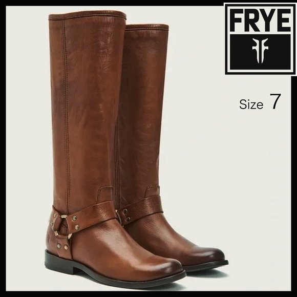 Frye Phillip Harness Tall Cognac brown leather Boots size 7 - Picture 1 of 8